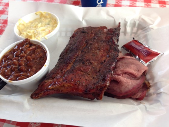 Half slab ribs, deviled egg potato salad, pit baked beans, and prime rib.